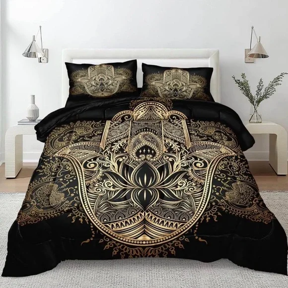 Elegant Black and Gold Hamsa King Size Bedding Set - Picture 6 of 7